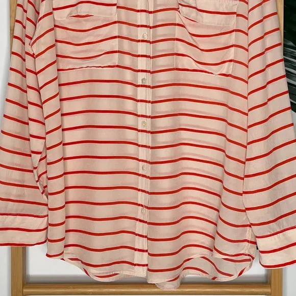 SOLD Equipment Femme Orange Striped Silk Shirt Blouse Top Size L Long Sleeve - Picture 4 of 12